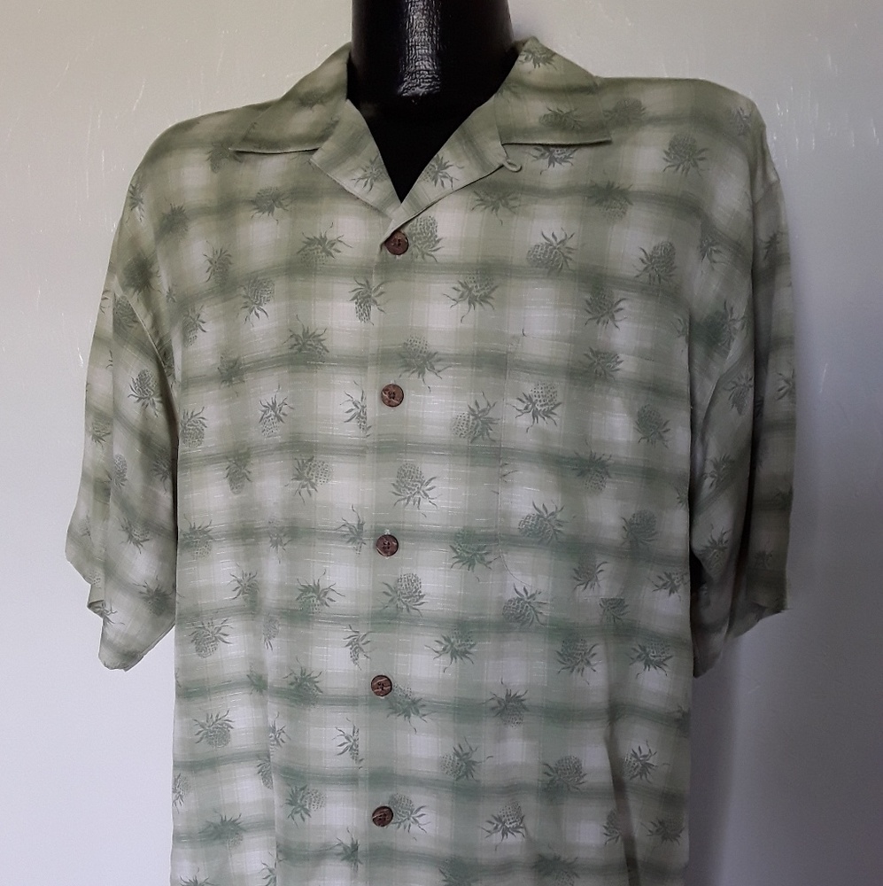 Tommy Bahama Men Silk Hawaiian Shirt Green Button Down Floral Size L Vintage Res